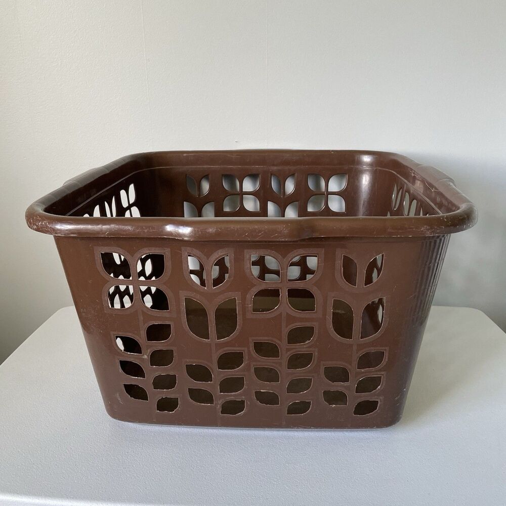 Rubbermaid Vintage Retro Laundry Basket 2968 Brown Tulip Floral Square Plastic